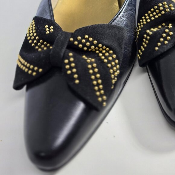 Yves Saint Laurent Black Leather Studded Bow Kitten Heel Pumps Size 6 - Picture 10 of 12